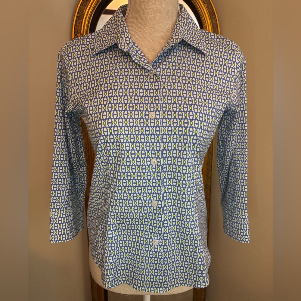 🚍📝📚 Talbots Blue and Green 3/4 sleeve Shirt - size 4